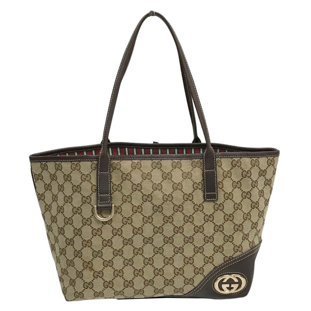 Gucci Leather Tote Canvas Brit Brown GG Handbag Shoulder Bag